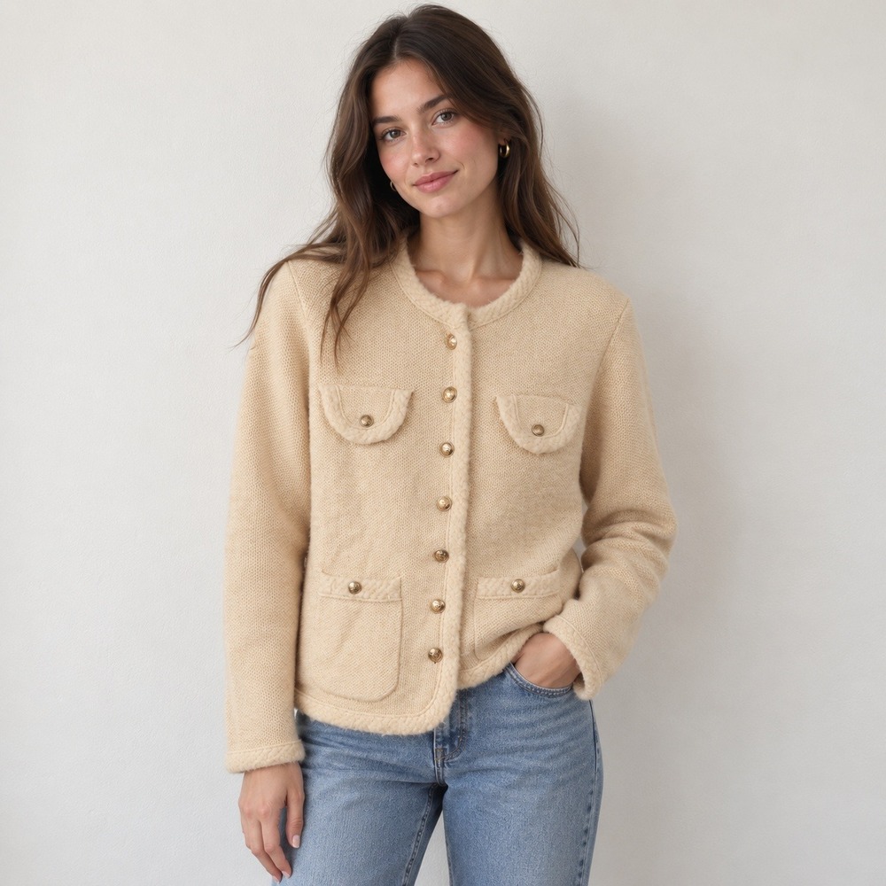 J.Crew Textured Sweater Lady Jacket XL Cream Gold Button Patch Pocket Cardigan